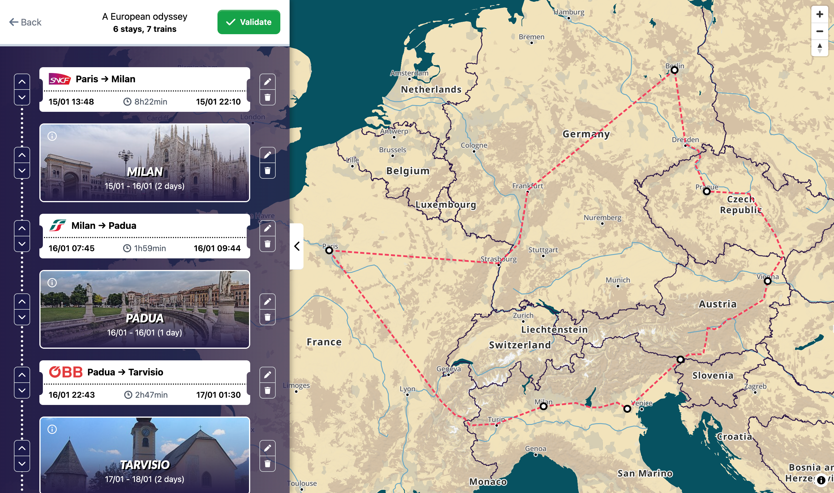 Screenshot of a Trainstory journey across Europe